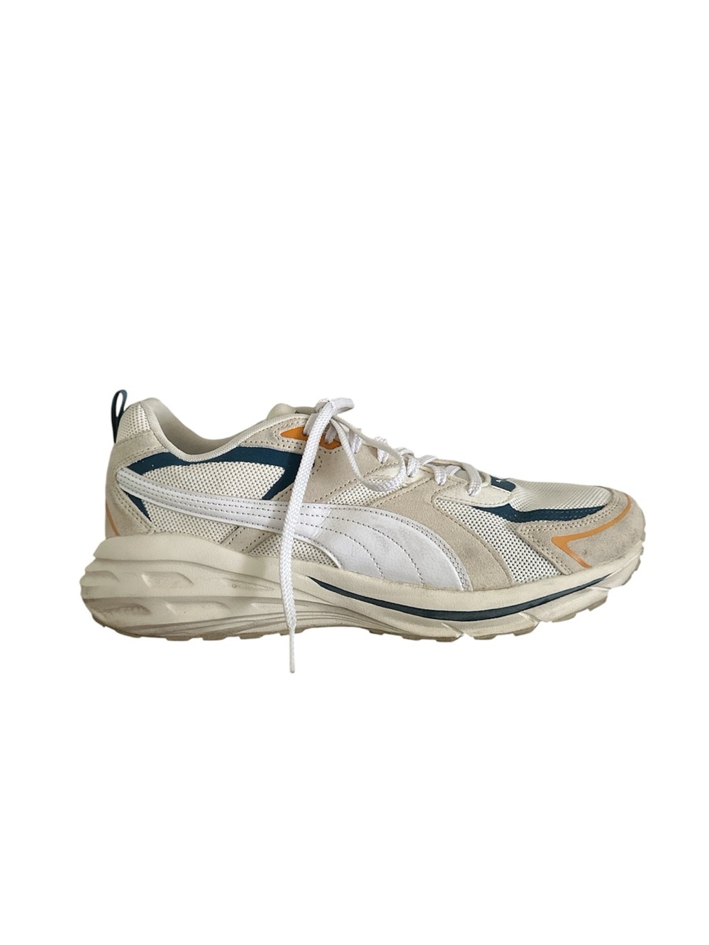 Puma Off-White & Navy Mesh Running Shoe with Orange Accents sz
